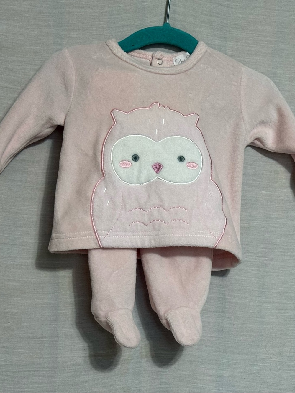 René Rofé Baby 0-3M Pink Velour Owl Footed 2 Piece Set NWOT